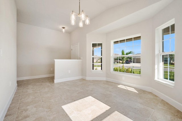 unfurnished room featuring light tile patterned floors, lofted ceiling, and an inviting chandelier