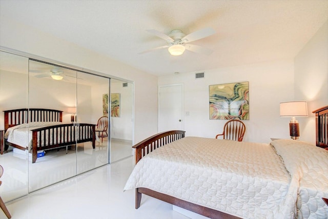 bedroom featuring a closet, visible vents, and ceiling fan