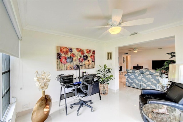 home office featuring a ceiling fan, visible vents, and crown molding