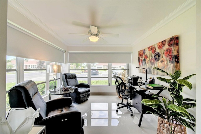 sunroom / solarium featuring plenty of natural light and ceiling fan