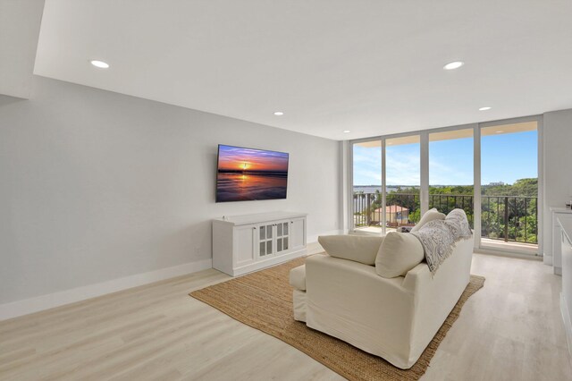 living room with light wood-type flooring and floor to ceiling windows