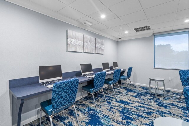 carpeted office with a paneled ceiling