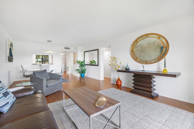 living room with hardwood / wood-style floors and a textured ceiling