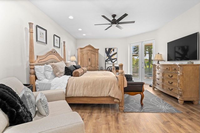 bedroom with ceiling fan, french doors, access to exterior, and wood-type flooring