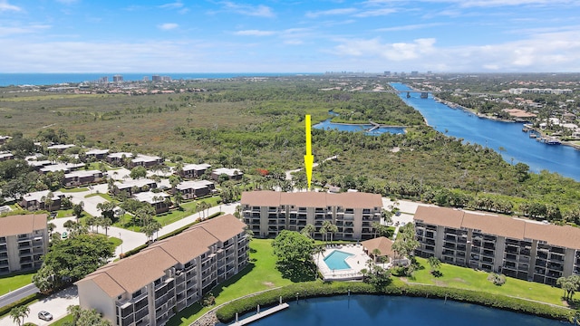 aerial view featuring a water view