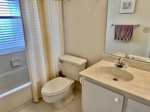 bathroom with toilet, tile patterned floors, shower / bathtub combination with curtain, and vanity