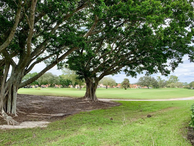 view of community with view of golf course and a yard