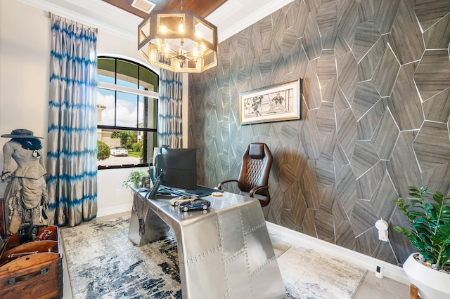 office space featuring crown molding and a chandelier