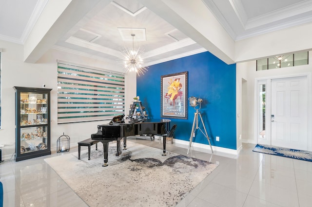 misc room featuring ornamental molding, light tile patterned floors, and a notable chandelier