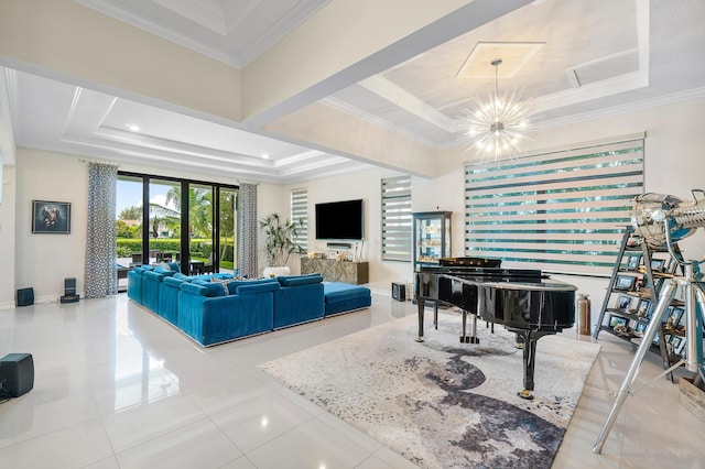 tiled living room featuring ornamental molding, french doors, an inviting chandelier, and a tray ceiling