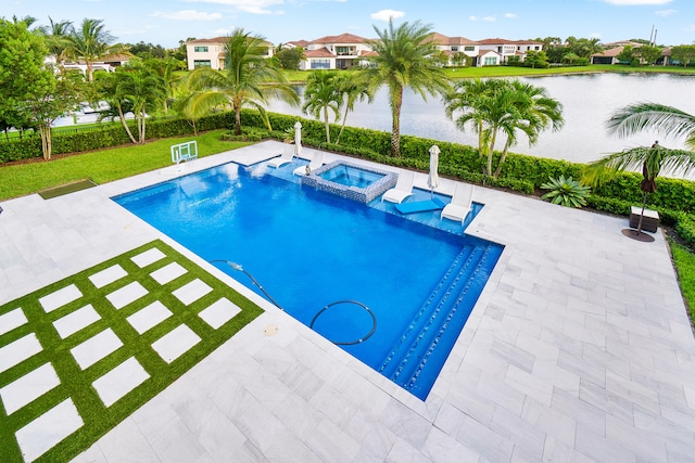 view of pool with a water view, an in ground hot tub, and a patio area