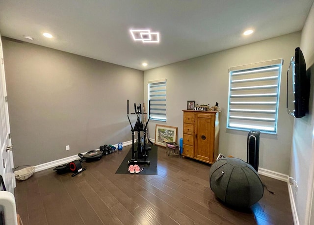 exercise room featuring dark hardwood / wood-style flooring