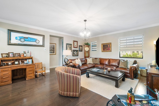 living room featuring dark hardwood / wood-style flooring, an inviting chandelier, and crown molding