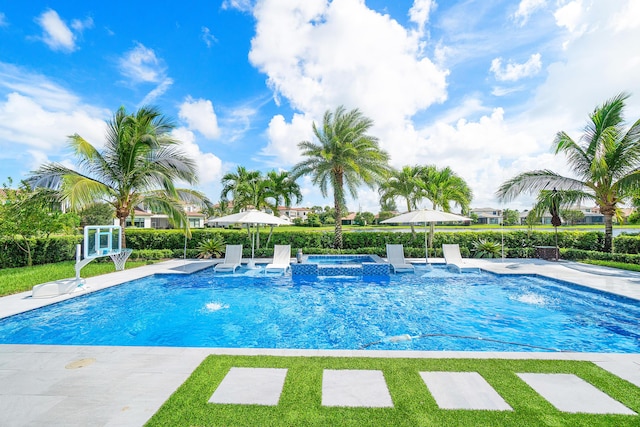 view of swimming pool featuring an in ground hot tub