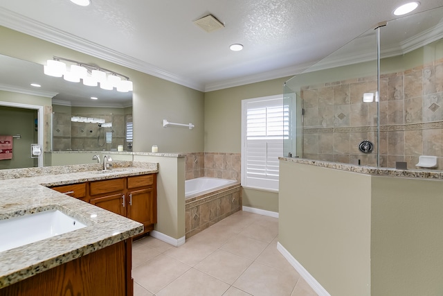 bathroom featuring crown molding, vanity, and plus walk in shower