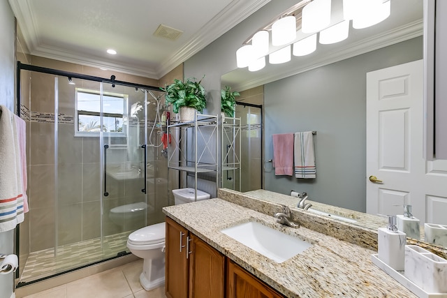 bathroom featuring walk in shower, tile patterned flooring, vanity, and toilet