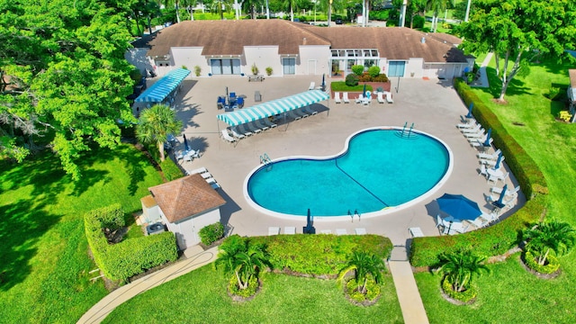 view of swimming pool with a yard and a patio area