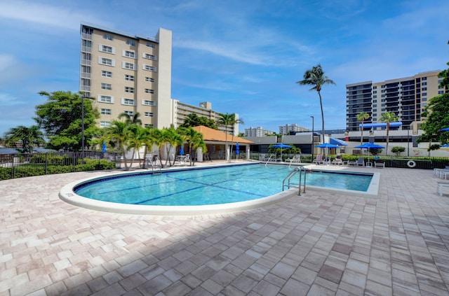 view of swimming pool featuring a patio