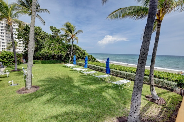 view of yard featuring a view of the beach and a water view