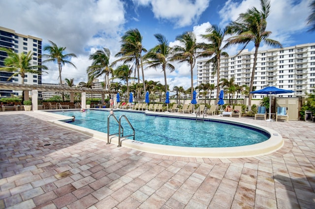 view of swimming pool with a pergola