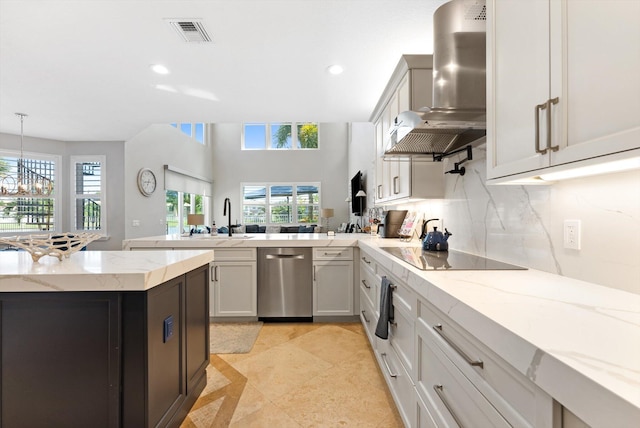 kitchen featuring visible vents, a sink, a peninsula, wall chimney exhaust hood, and black electric stovetop