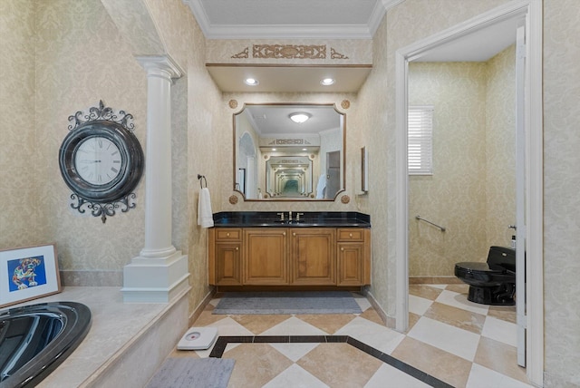 full bath with wallpapered walls and decorative columns