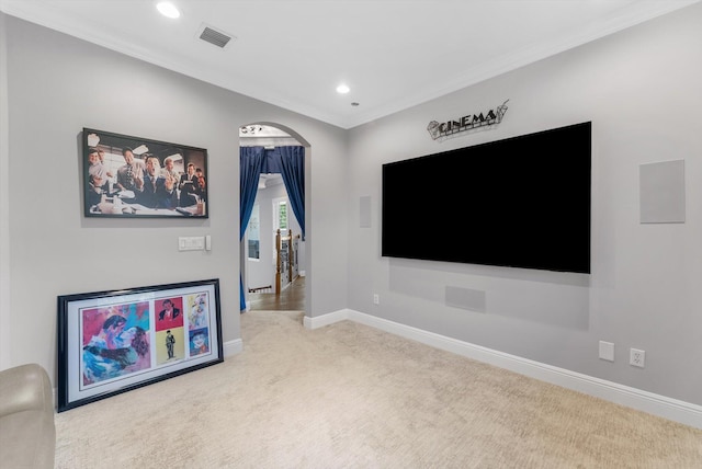 living room with carpet flooring, recessed lighting, baseboards, and ornamental molding