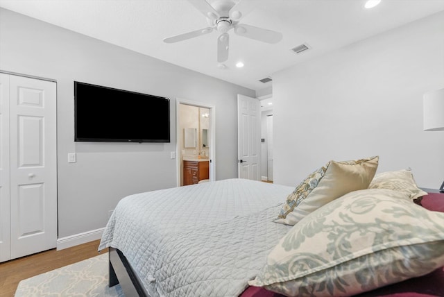 bedroom featuring visible vents, recessed lighting, a ceiling fan, and wood finished floors