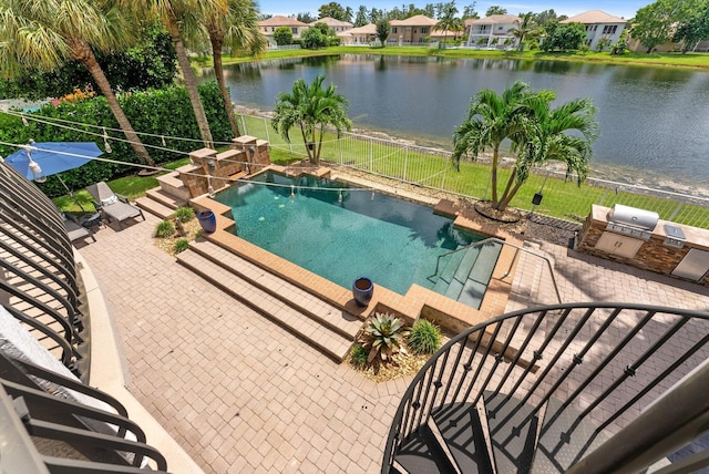 view of swimming pool featuring area for grilling, a patio, a fenced backyard, and a water view