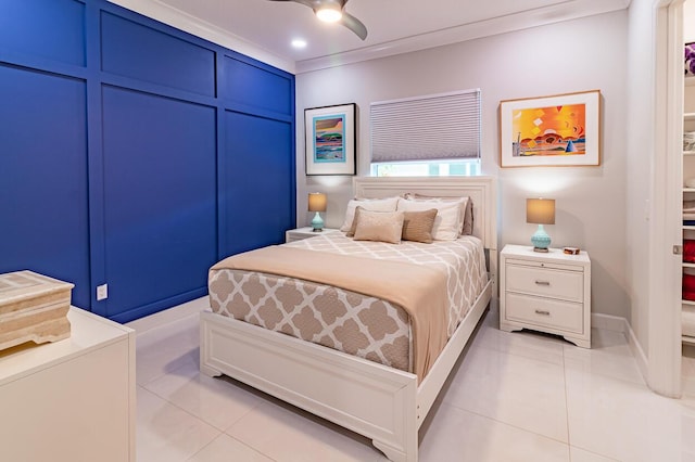 bedroom featuring ceiling fan, light tile patterned floors, recessed lighting, and ornamental molding