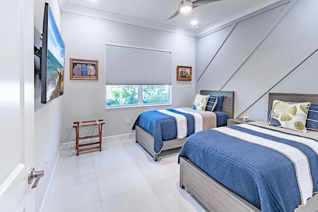 bedroom featuring a ceiling fan, recessed lighting, light tile patterned flooring, crown molding, and baseboards