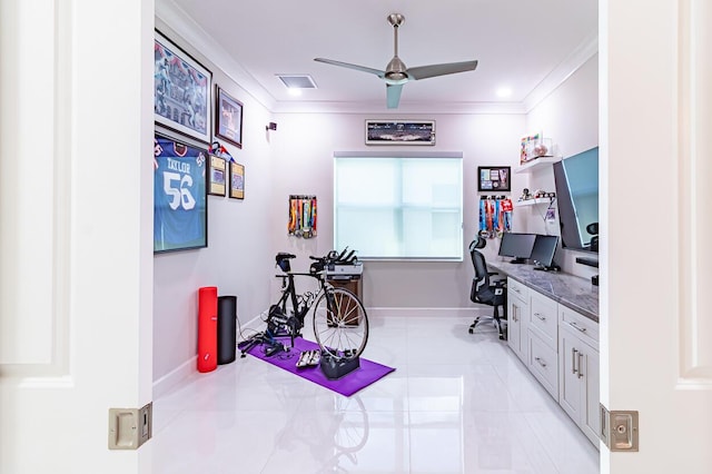 office featuring light tile patterned floors, a ceiling fan, visible vents, and ornamental molding