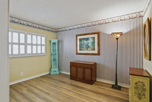 interior space with a textured ceiling and hardwood / wood-style floors