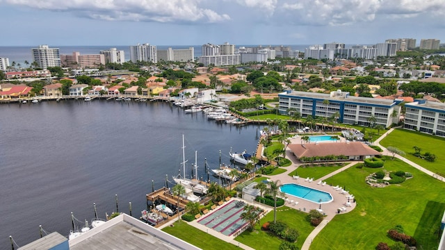 bird's eye view with a water view