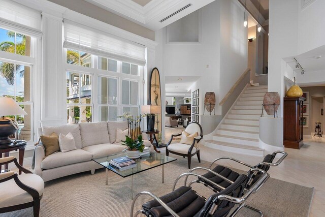 living room featuring crown molding and a high ceiling