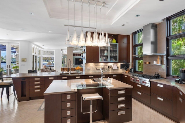 kitchen with stainless steel gas cooktop, backsplash, sink, ventilation hood, and a center island with sink