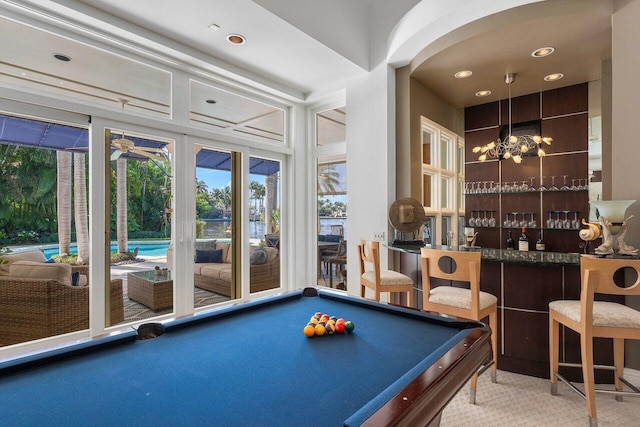 rec room with carpet floors, indoor wet bar, billiards, and recessed lighting