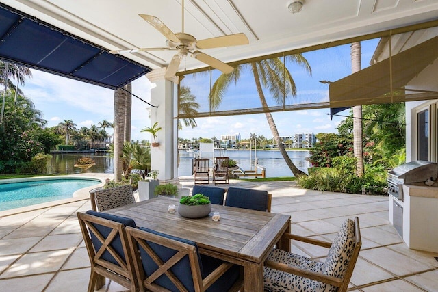 view of patio featuring a water view, grilling area, outdoor dining space, a boat dock, and an outdoor pool