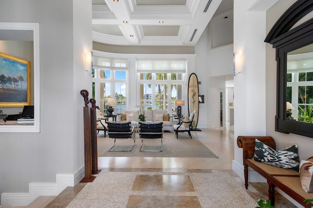 interior space with coffered ceiling, a towering ceiling, beamed ceiling, and wood-type flooring