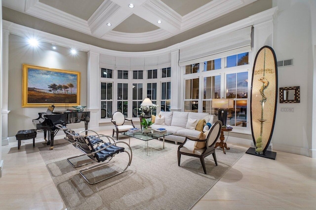 living room with crown molding, coffered ceiling, a towering ceiling, and beam ceiling