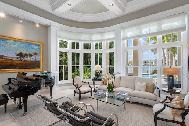 sunroom with coffered ceiling, plenty of natural light, and beam ceiling