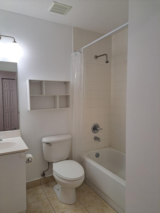 full bathroom with shower / bathtub combination with curtain, vanity, toilet, and tile patterned flooring