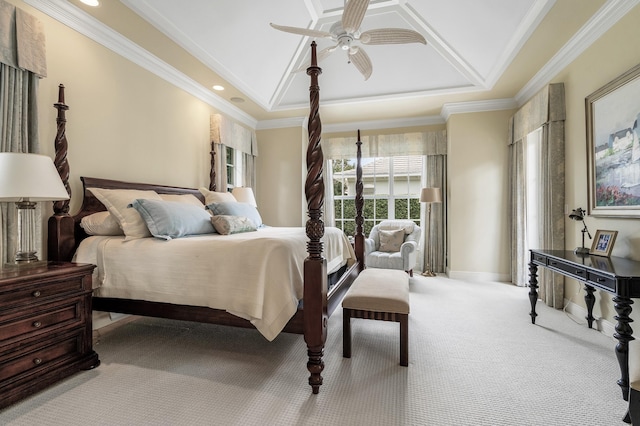 bedroom featuring baseboards, ornamental molding, carpet flooring, recessed lighting, and a ceiling fan