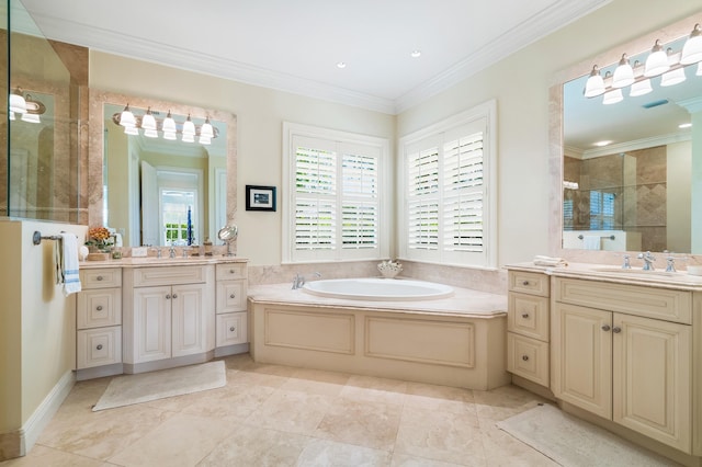 bathroom with crown molding, walk in shower, a bath, and a sink