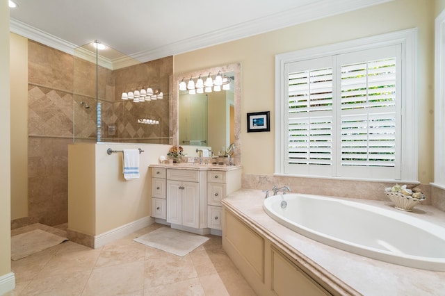 full bath with vanity, walk in shower, crown molding, a bath, and tile patterned floors