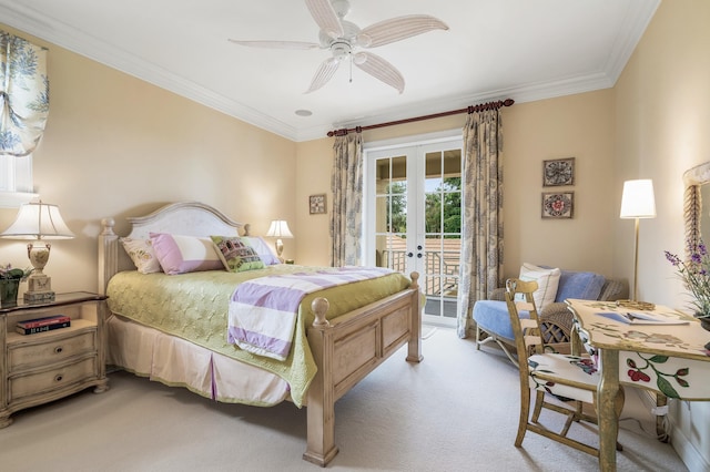 bedroom featuring crown molding, access to outside, french doors, and light carpet