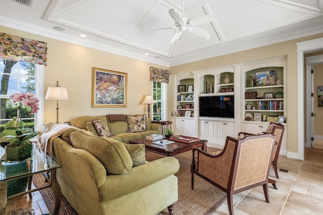 living area with ornamental molding, built in shelves, visible vents, and ceiling fan