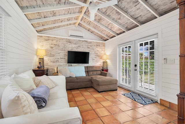 tiled living room with a wall unit AC, wooden walls, lofted ceiling with beams, wood ceiling, and ceiling fan