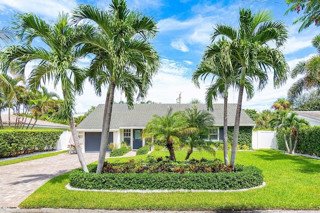 single story home featuring fence, a garage, stucco siding, a front yard, and decorative driveway