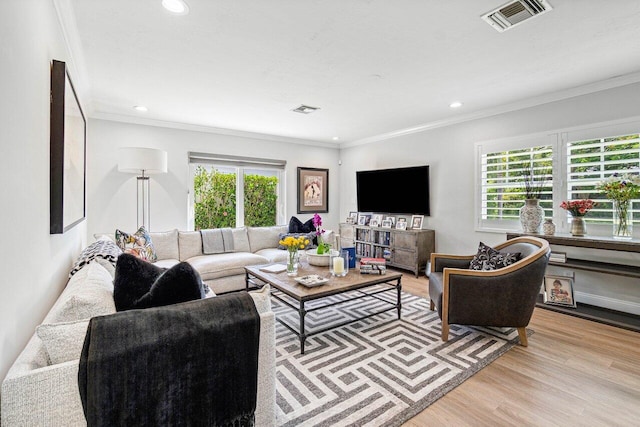 living room with light wood-type flooring and crown molding